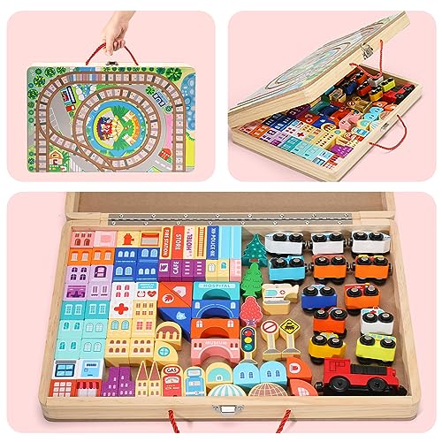 Wooden Building Blocks Set, Electric Train City Construction Stacking Blocks Preschool Learning Educational Toys,Toddler Toys for 3+ Year Old Boy and Migargle