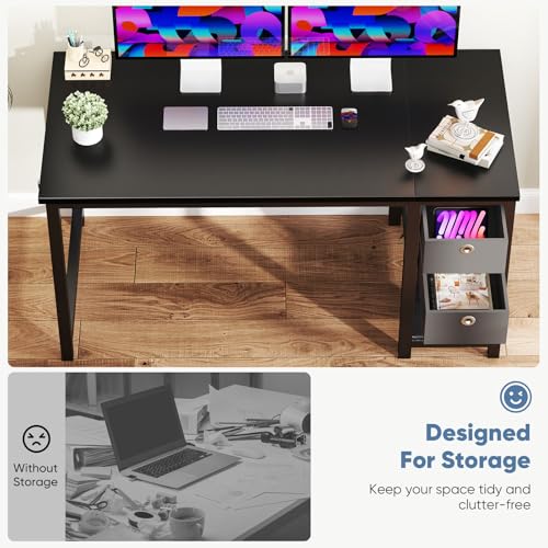 DUMOS Computer Desk with 2 Drawers, 48x24 Inch Office Desks with Shelf, Gaming Work Study Vanity Table with Storage 2-Tier Drawer for Living Room Bedroom Small Spaces,Dark DUMOS
