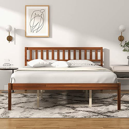 Giantex Wood Queen Bed Frame with Headboard, Mid Century Platform Bed with Wood Slat Support, Solid Wood Foundation, 12 Inch Height for Under Bed