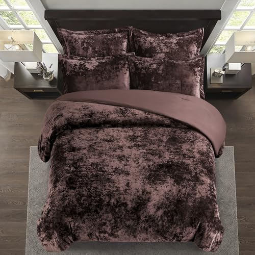 Fredsure Distressed Velvet Comforter Set, 5 Pieces Brown King, Distressed Velvet Face and Brushed Microfiber Reverse Fredsure
