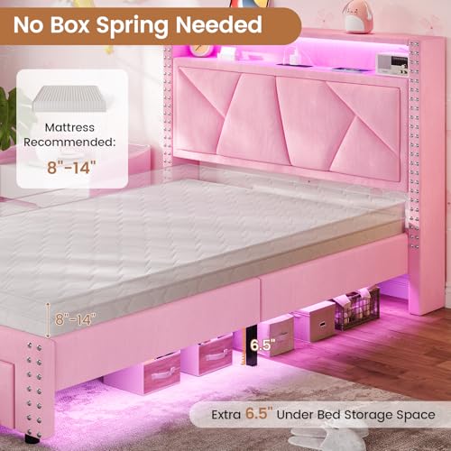 VIAGDO Pink Twin Bed Frames with LED Lights, Upholstered Platform Bed Frame Twin Size with Storage Headboard and Charging Station, LED Twin Bed Frame, No Box Spring Needed VIAGDO