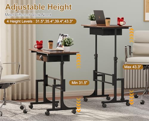 Adjustable Height Standing Desk With Drawer, Rolling Sit Stand Up Desk With Wheels, Small Sit To Stand Computer Desk, Adjustable Desktop Height, On Wheels, Brown, For Walking Pad Laptop Treadmill Cidaziya