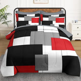 WeCozy 7 Pcs Queen Size Comforter Set with 2 Pillowcases & 2 Shams, Red and Black Geometric Bedding for Kids and Adults, Abstract Gray Bed in a Bag with Flat Fitted Sheet WeCozy