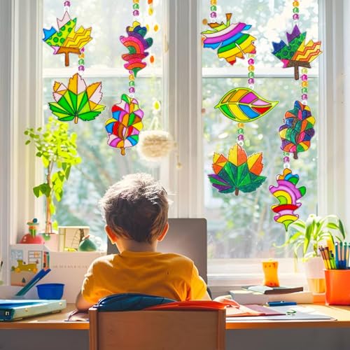 Ayhuhra 30 Sets Fall Maple Leaf Suncatcher Crafts Kits DIY Glow in The Dark Window Art Paint Kit Fall Leave Sun Catchers for Classroom Automn Thanksgiving Harvest Party Project Activity Ayhuhra