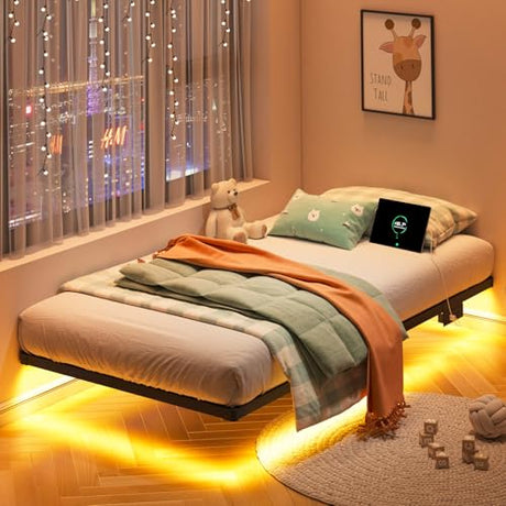 HAVONIZD Floating Bed Frame Twin with LED Lights and Charging Station - 10 inch Platform Bed Frame No Box Spring Needed, Easy Assembly HAVONIZD