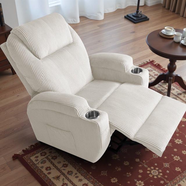 Electric Power Lift Recliner Chair with Massage for Elderly Corduroy Fabric Recliner Single Sofa with Cup Holders, Side Pockets and Remote Control for Living Room Bedroom (White) Furmax