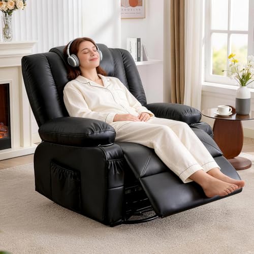 MAHOMICO Swivel Rocker Recliner Chair with Vibration Massage and Heat for Living Room,with Rocking Function and Side Pocket, PU Leather USB Charge Port,2 Cup Holders
