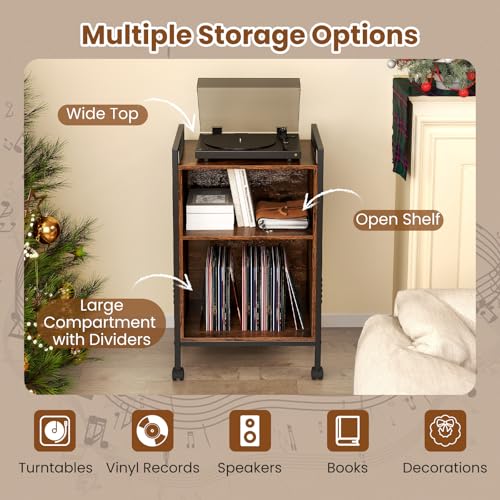 Giantex Record Player Stand with Charging Station, Mobile Turntable Stand with Record Storage & 4 Rolling Wheels, 3-Tier Vinyl Record Storage w/ Open Shelves & Dividers for Living Room, Rustic Brown Giantex