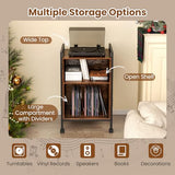 Giantex Record Player Stand with Charging Station, Mobile Turntable Stand with Record Storage & 4 Rolling Wheels, 3-Tier Vinyl Record Storage w/ Open Shelves & Dividers for Living Room, Rustic Brown Giantex