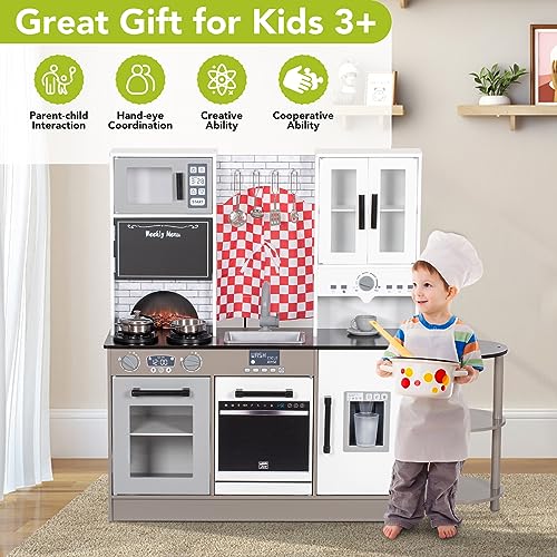 BRINJOY Kids Kitchen Playset, Wooden Toddler Kitchen Set w/Curtains, Coffee Maker, Storage Shelf, Stove,Sink, Utensils, Light & Sound, Kids Pretend Play Kitchen Toy Gift for Girls Boys (3-Stage) BRINJOY