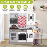 BRINJOY Kids Kitchen Playset, Wooden Toddler Kitchen Set w/Curtains, Coffee Maker, Storage Shelf, Stove,Sink, Utensils, Light & Sound, Kids Pretend Play Kitchen Toy Gift for Girls Boys (3-Stage) BRINJOY