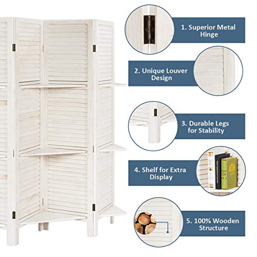 Giantex 4 Panel Room Divider with Shelve, Folding Privacy Screens, Wood Divider for Room Separation, 5.6 FT Foldable Wall Partition for Home Office Bedroom, White Giantex