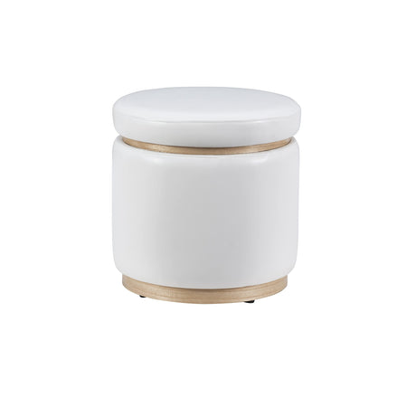 Linon Lexington White Faux Leather Round Storage Ottoman with Wood Accent Linon