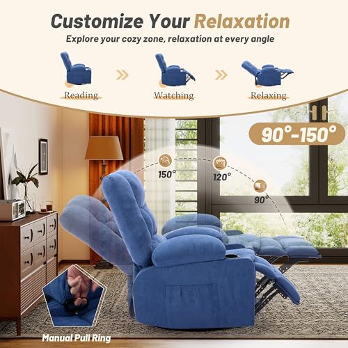Oversized Swivel Rocker Recliner Chair with Massage & Heat,Nursery Rocking Chairs for Living Room,Ergonomic Relining Chair with Cup Holders,USB Charge Port,Side Pockets,Recliner Chair for Adults,Blue
