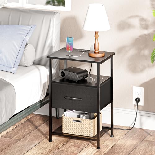 LAKEMID Nightstands Set of 2 with Fast Charging Station and Drawer, End Table Bedside Table with 20 Colors LED Light Strip and 2 Layers Shelf for Bedroom Living Room Sofa Couch (Black) LAKEMID