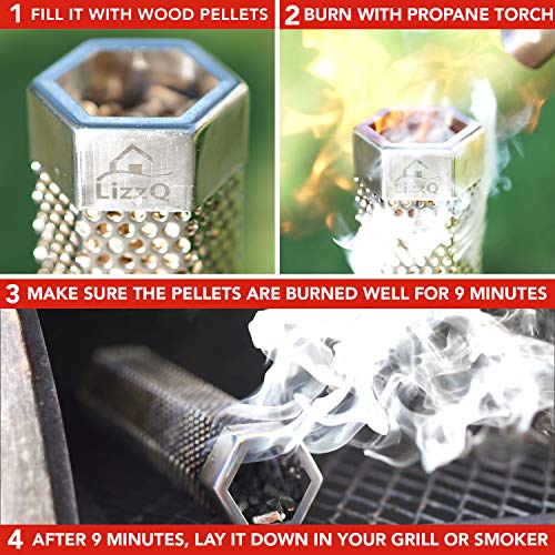 LIZZQ Premium Pellet Smoker Tube 12 inches - 5 Hours of Billowing Smoke - Hot or Cold Smoking - for Any Grill or Smoker - An Easy and Safe Way to Provide Smoking - Free eBook Grilling Ideas & Recipes LIZZQ