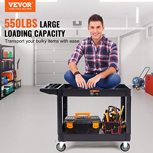 VEVOR Utility Service Cart, 2 Shelf 550LBS Heavy Duty Plastic Rolling Utility Cart with 360° Swivel Wheels (2 with Brakes), Large Lipped Shelf, - WoodArtSupply