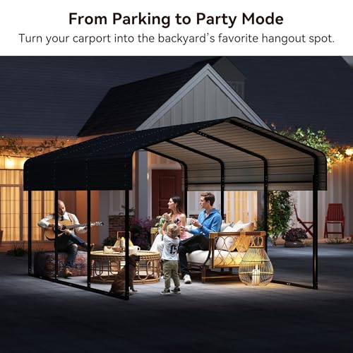 10x15FT Heavy Duty Metal Carport Canopy with Galvanized Steel Roof, Multi-Use Shelter Outdoor Garage for Car, Boat, Party,Gray PURARELAX