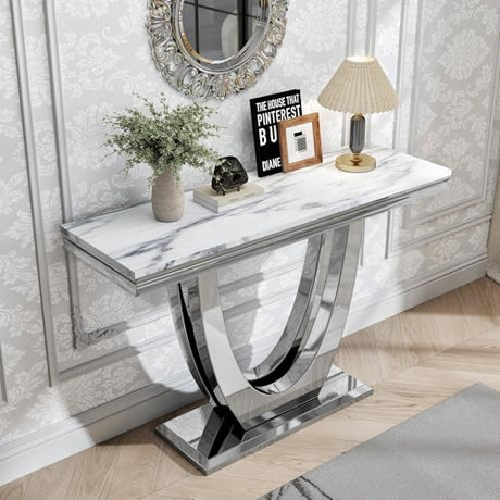 47" Modern Marble Console Table, Narrow Entryway Table White Faux Marble Top & Silver Double U-Shaped Stainless Steel Base - Sofa Table for Entryway, Hallway, Foyer, Living Room AMHDDT