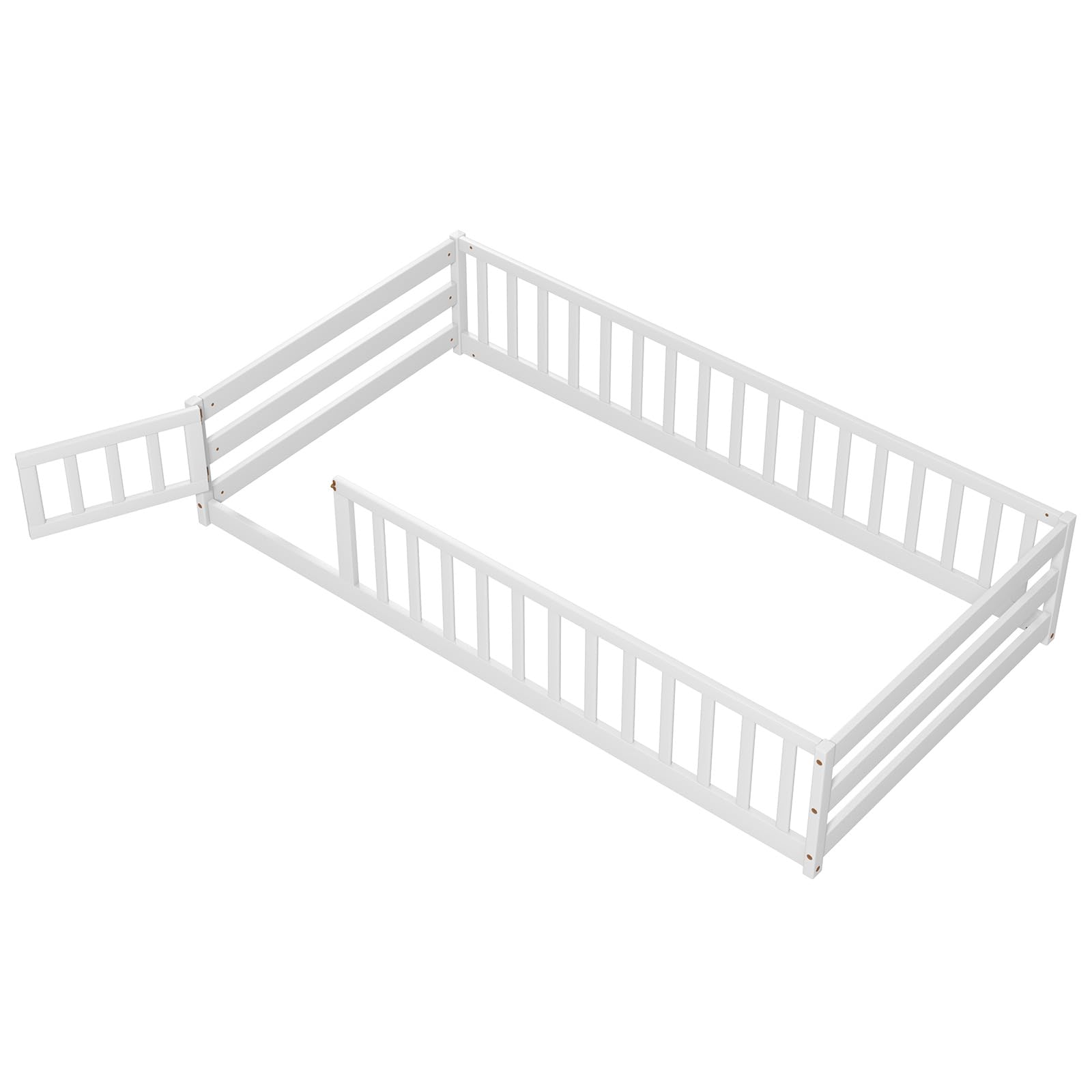 Giantex White Montessori Twin Floor Bed with Safety Guardrails and Lockable Door for Kids - WoodArtSupply