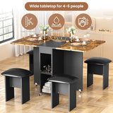 furlinkhm Folding Dining Table Set for 4, Dinner Table with 4 Leather Chairs and Shelves, Space Saving Foldable Dining Table with 6 Wheels, Kitchen Table for Small Spaces (Brown+Black) furlinkhm