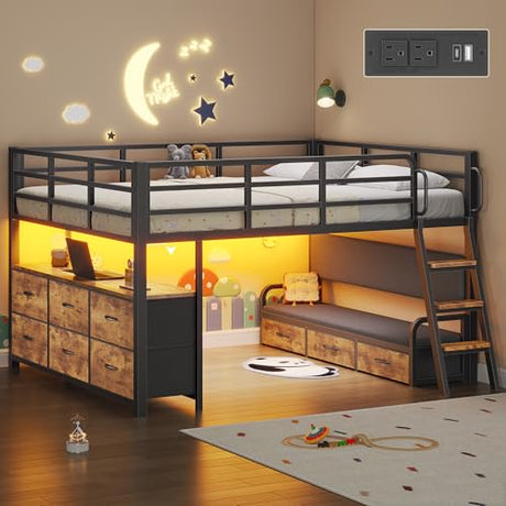 Dnxao Full Size Low Loft Bed with Desk,Full Size Bed Frame with 9 Storage Drawers, Kids Loft Bed with 15.8" H Safety Guardrail,Sofa,LED Lights & Charging Station,No Box Spring Needed,Rustic Brown Dnxao