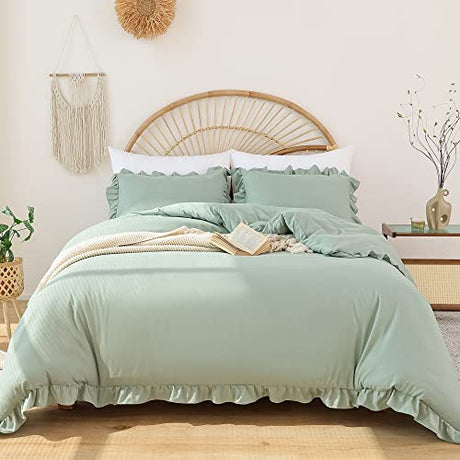 JANZAA Twin Comforter Set Sage Green Comforter Set 2PCS Ruffled and 1 Pillow Case Fluffy Vintage Farmhouse Shabby Chic Bedding Soft All Season JANZAA