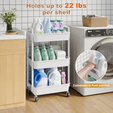 3 Tier Rolling Cart with Wheels, White Plastic Three Tiered Roller Shelf Cart on Lockable Wheels, Small Utility Storage Organzier Carts for Craft, Art, Baby Diaper Caddy, Snack, Dorm, Kitchen,Bathroom