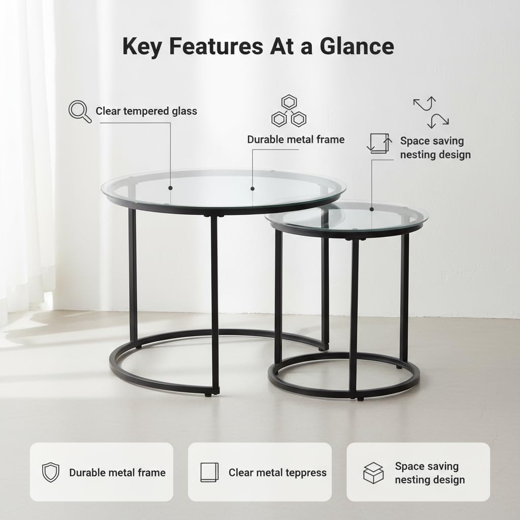 Round Nesting Coffee Table Set of 2, Modern Glass Nesting Tables, Stacking Minimalist End Table for Living Room Bedroom Small Space, Clear Tempered Glass and Black Cuizehua