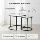 Round Nesting Coffee Table Set of 2, Modern Glass Nesting Tables, Stacking Minimalist End Table for Living Room Bedroom Small Space, Clear Tempered Glass and Black Cuizehua