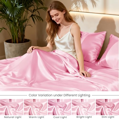 Love's cabin Satin Queen Sheets Set - 4 Piece Pink Silky Bed Sheets Set with Deep Pocket, Luxury Silk Feel Satin Queen Size Sheet Set (1 Flat Sheet, 1 Fitted Sheet, 2 Pillow Cases) Love's cabin