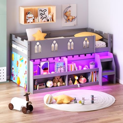 JOYMOR Low Loft Bed Twin Size with LED Lights, 4 Storage Shelves, Removable Curtain, Kids Wood Loft Bed with 15" H Safety Guardrail, Spave Saving, Mattress Not Included (Gray) JOYMOR