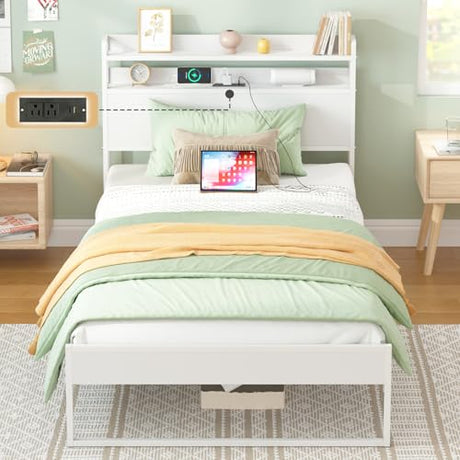 Elephance Twin Bed Frames with Charging Station and Storage Headboard, No Box Spring Needed, Noise Free, Easy Assembly Elephance