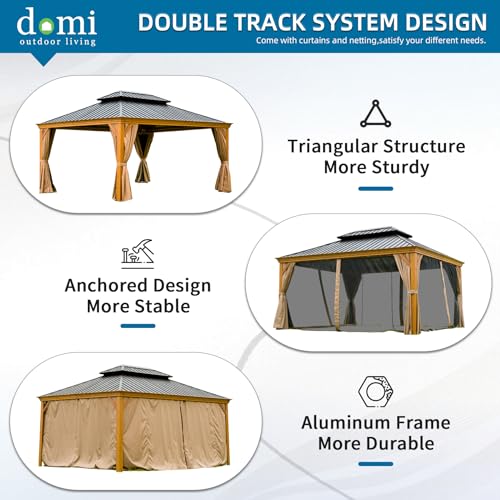 Domi 12x14FT Hardtop Gazebo with Netting & Curtains, Outdoor Aluminum Frame Gazebo with Galvanized Steel Double Roof, Outdoor Permanent Metal Pavilion for Patio Deck Lawn and Garden, Wood-Looking domi outdoor living
