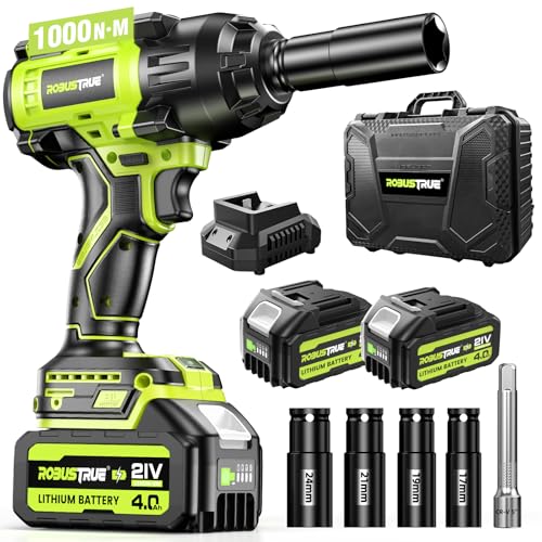 Robustrue 1000N.m(740ft-lbs) Cordless Impact Wrench, High Torque Brushless 1/2 Impact Gun, 21V 2 x4.0Ah Battery, Fast Charger, 4 Sockets, Pistola De Impacto for Home Car Tires Truck Mover - WoodArtSupply