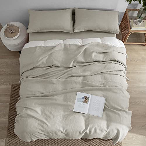 EVERLY Linen Sheets Set Twin Size,100% French Pure Linen Sheets Set,3Pieces (1Flat Sheet,1Fitted Sheet,1Pillowcase) Suitable for Hot Sleepers, Stonewash Not Dyed Deep Pocket Natural Linen Bedding Set EVERLY