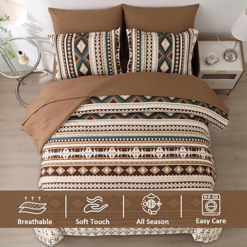 Dinjoy Boho King Size Bed in A Bag 7 Pieces,Brown/Coffee Comforter Set Aztec Striped Fall Bedding Set Bohemian Patchwork Complete Set Geometric Pattern Comforters for Women Men 90"×104" Dinjoy