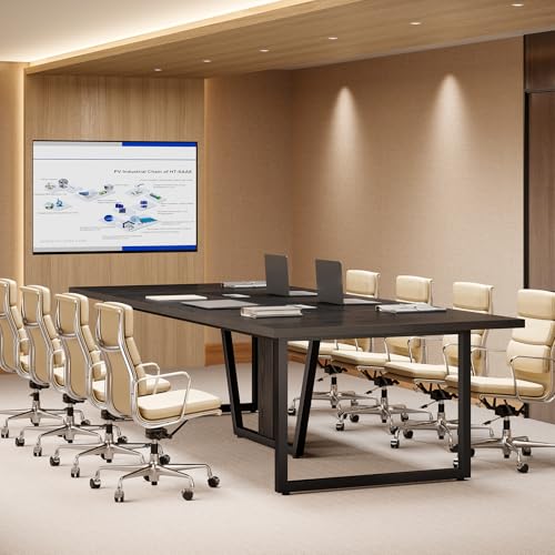LITTLE TREE 8FT Conference Table for 10 People, Large Meeting Table, Modern Wooden Conference Room Table with Cable Management, Business Training Table with Strong Metal Legs for Office, Black LITTLE TREE