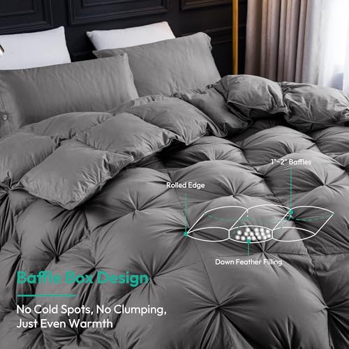 Three Geese Oversized King Size Pinch Pleat Feather Down Fiber Comforter - All-Season Down Duvet Insert Fluffy Baffle Box Design with 8 Corner Loops for Warmth and Softness. Three Geese
