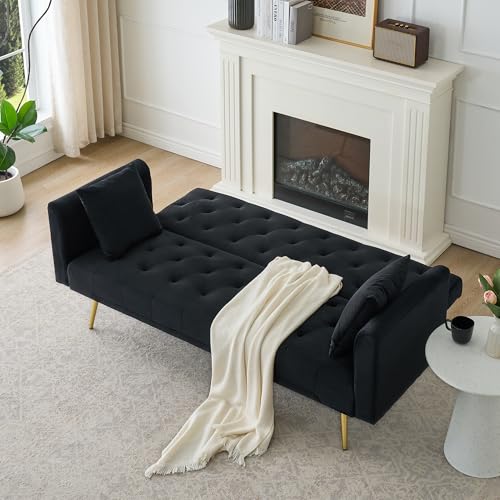 Anwick 72" Modern Velvet Sofa Bed Futon,Convertible Folding Sleeper Bed Couches with 3 Adjustable Backrests,Tufted Recliner Loveseat with Golden Chrome Legs for Small Living Room Office (Black) Anwick