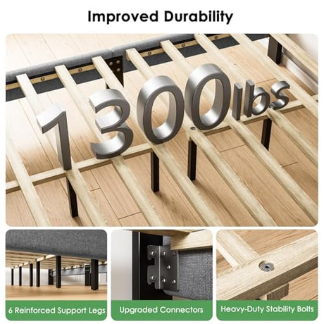 Marsail Full Bed Frame with 2 Storage Drawers - Upholstered, Adjustable Headboard,6"-12" Mattress Fit, 1300 lbs Capacity, 12-Leg Sturdy Wood Construction, Dark Gray Marsail