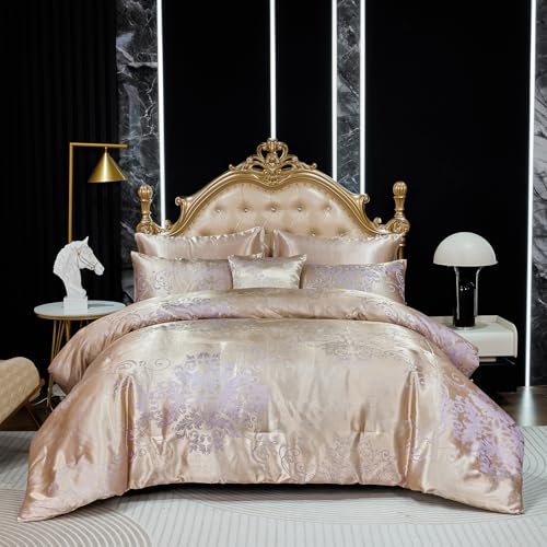 Jacquard Queen Comforter Set with Sheet Set Gold Bedding Set 8 Pcs Embroidery Neoclassical Floral Pattern Bed Home Decor Soft Down Comforter Luxury Hotel Silky Bed in a Bag with 1 Cushion Cover Bedding_Dreamer
