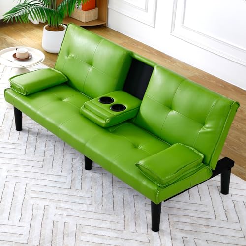 Klwenas Maec Green Futon Couch & Convertible Futon Sofa Bed for Small Space, 67" Loveseat Couches with Removable Armrests & 2 Cup Holders for Living Room Bedroom Dorm Apartment, Easy Assemble (Green) Klwenas Maec