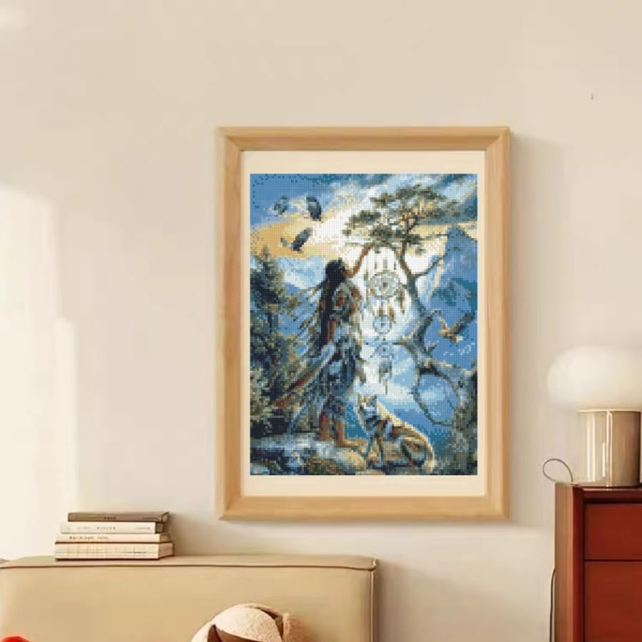 Native Indian Woman Dream Catch Tree Wolf DIY 5D Diamond Paint Kits for Adults Easy for Beginner Round Full Drill Diamond Art Painting Mosaic Craft for Home Decor 12x16inch(4) Generic