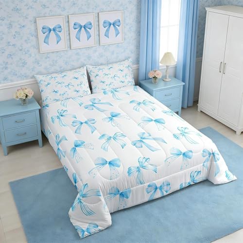 Feelyou Sky Blue Bow Bedding Set for Kids Boys Girls Twin Size Cute Dreamy Princess Style Comforter Set Ultra Soft Bow Pattern Comforter Sky Blue Bowknot Duvet Quilt Bedroom Decor Bow Quilt Feelyou