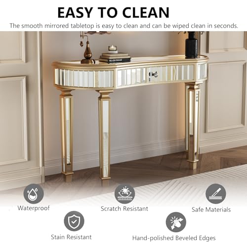 Mcltopz 47" Gold Mirrored Console Table, Half-Moon Sofa Table with with Fluted Glass & Crystal Knob Drawer, Modern Luxury Entryway Vanity Desk Mirrored Furniture with Sturdy Wooden Frame for Bedroom Mcltopz