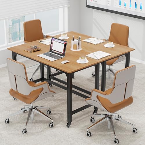 Tangkula Conference Room Table Set of 4, Mobile Computer Desk with Removable Storage Bag & 2 Hanging Hooks, Rolling Meeting Table with Heavy-Duty Metal Frame, Conference Desk (Natural) Tangkula