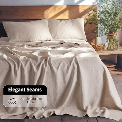 LBRO2M 100% Linen Sheet Set Queen Size, Bed Sheets 4 Piece Sets, Solid Color Natural Flax Bed Sheets Soft Breathable Bedding,16" Deep Pocket,All Season (Queen, Linen) LBRO2M