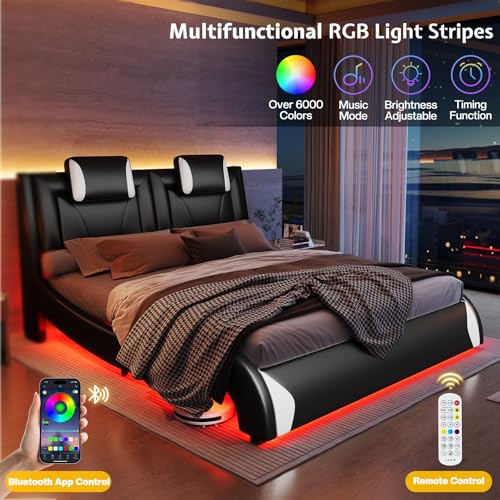 Jocisland LED Queen Bed Frame, Modern Faux Leather Upholstered Platform Bed Frames with Headrest Headboard, Low Profile Bed with Wave-Like Curve Design, No Box Spring Needed, Easy Assembly, Black Jocisland