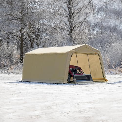 ShelterLogic 10' x 20' x 8' Peak Style Roof Instant Garage Carport Car Canopy with Steel Frame and Waterproof UV-Treated Cover, Sandstone ShelterLogic